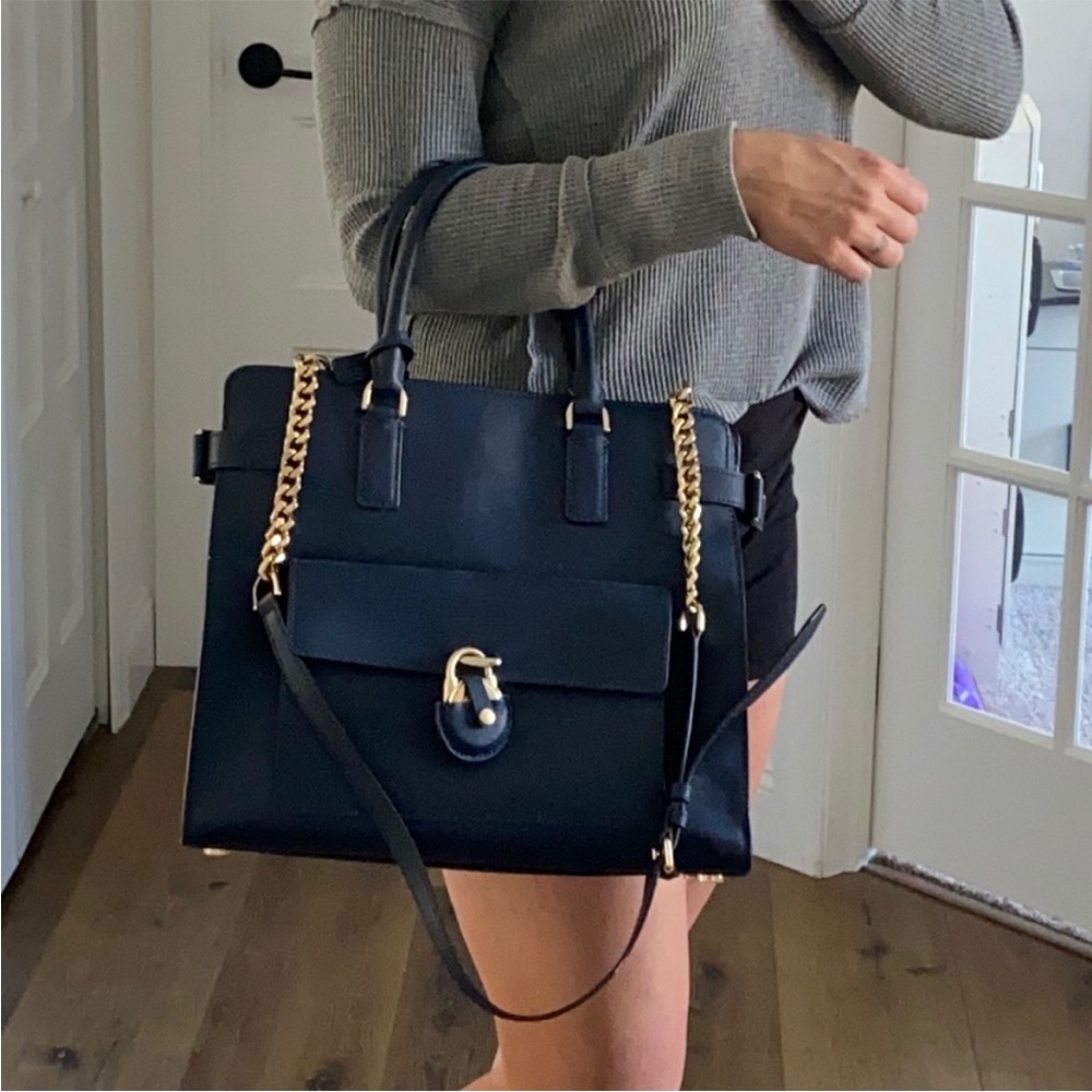 Michael Kors Navy Satchel with Gold Chain Trim